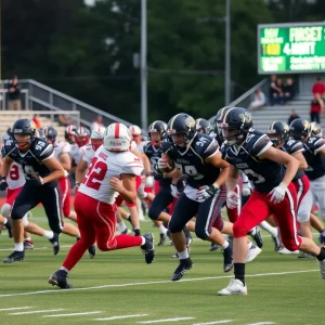 High school football teams competing on the field in a championship match.