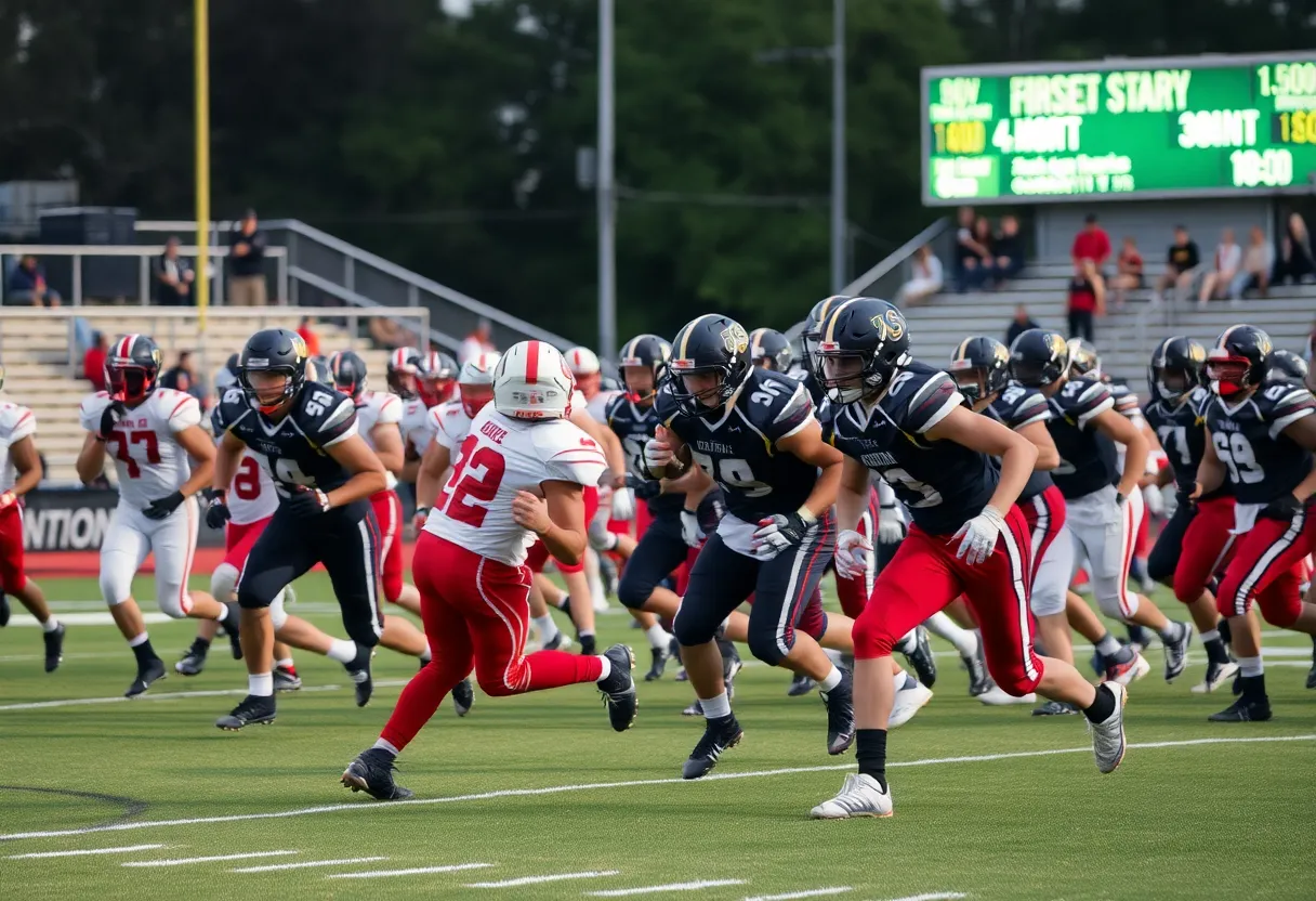 High school football teams competing on the field in a championship match.