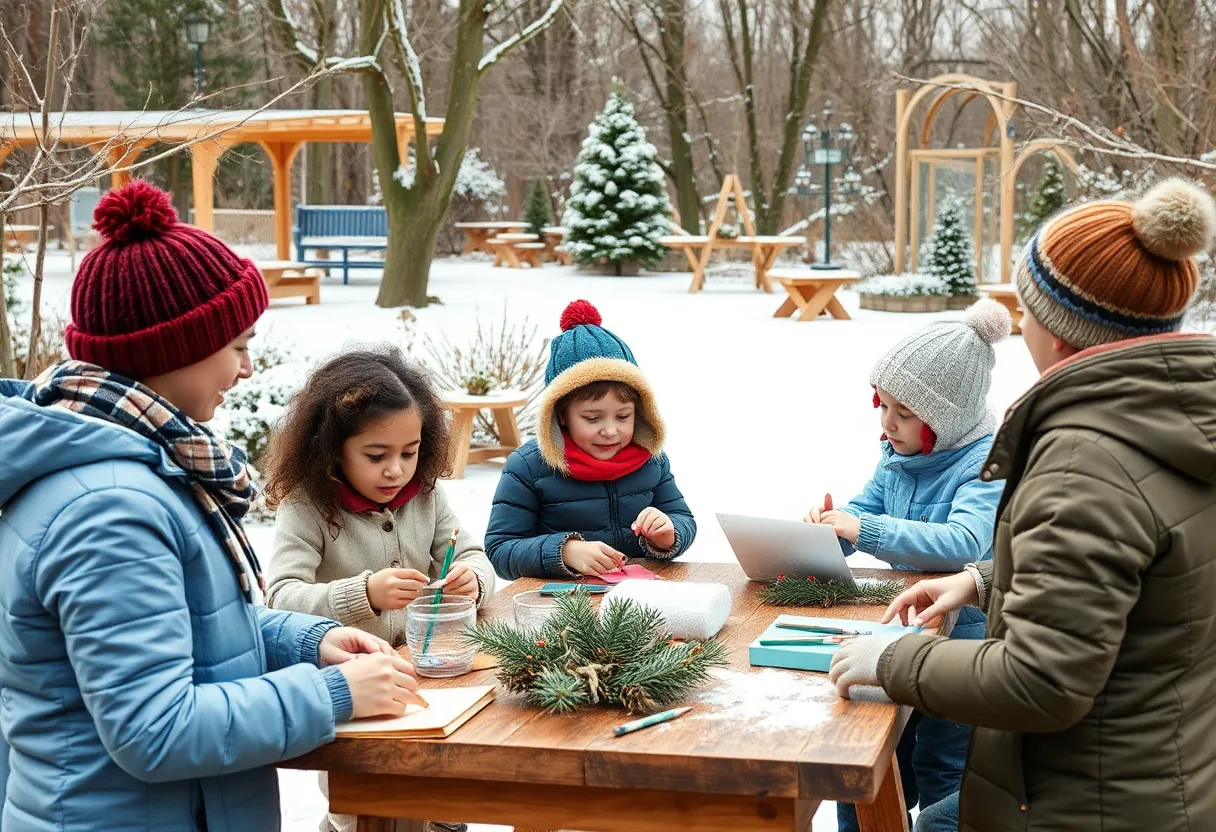 Families participating in winter-themed workshops at Myriad Botanical Gardens