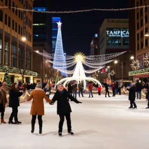A festive winter scene in downtown Oklahoma City with decorations and ice skaters.