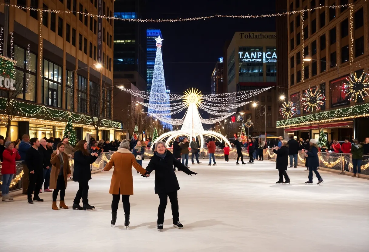 A festive winter scene in downtown Oklahoma City with decorations and ice skaters.