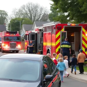 Firefighters responding to a daycare fire with children being evacuated safely