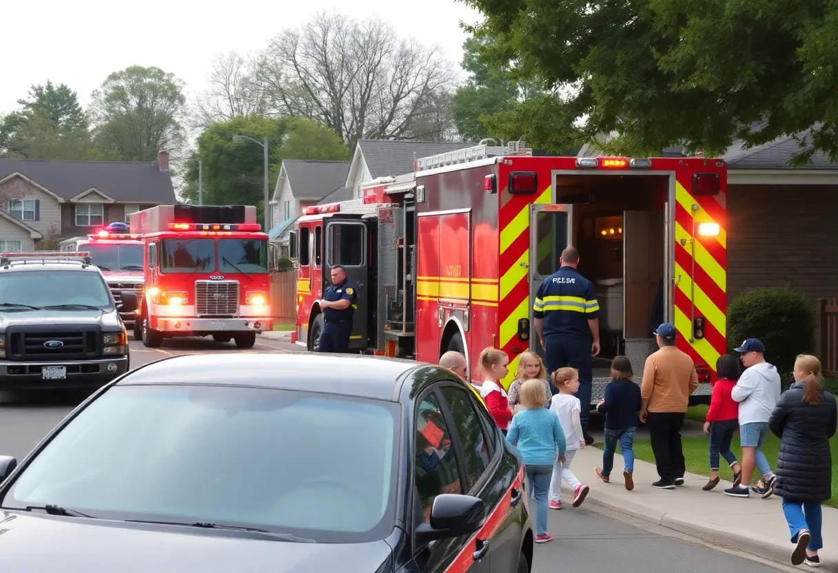 Firefighters responding to a daycare fire with children being evacuated safely