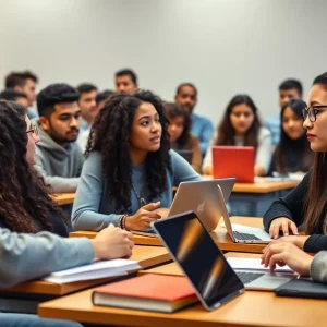 Students discussing academic freedom in a university classroom