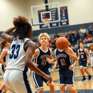 Adair Warriors basketball players competing in a game against Colcord