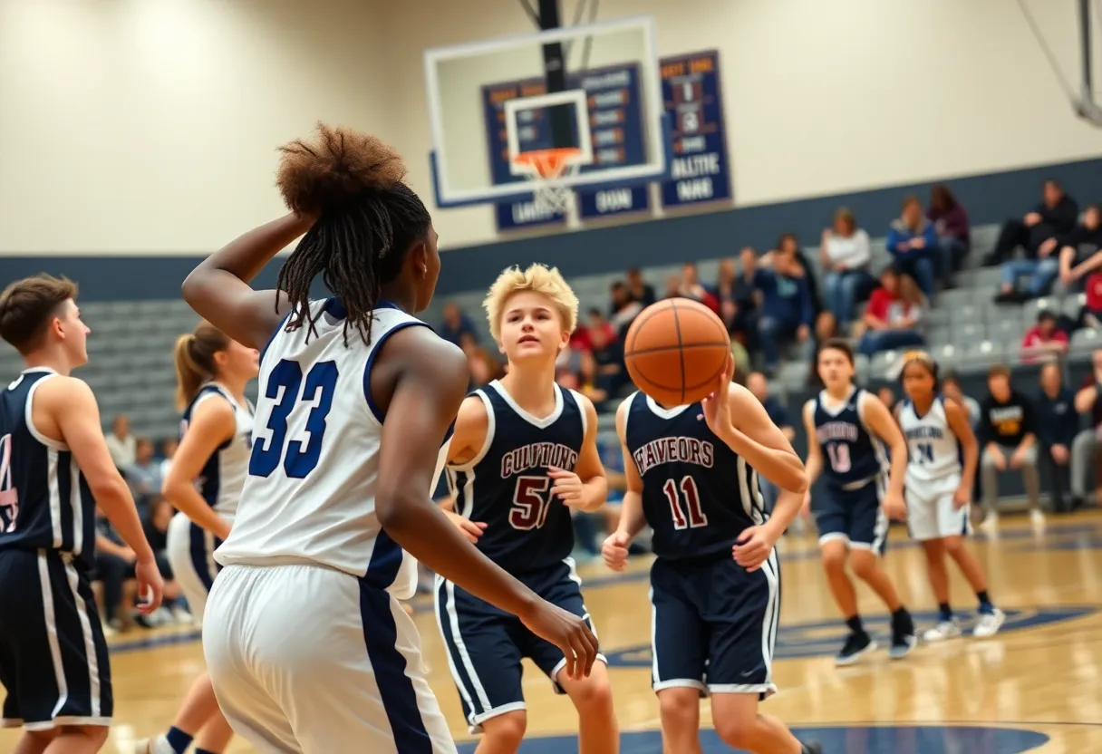 Adair Warriors basketball players competing in a game against Colcord