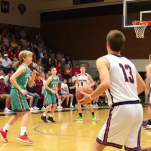 Agra Bearcats basketball team playing against Coyle Bluejackets in a school gymnasium.