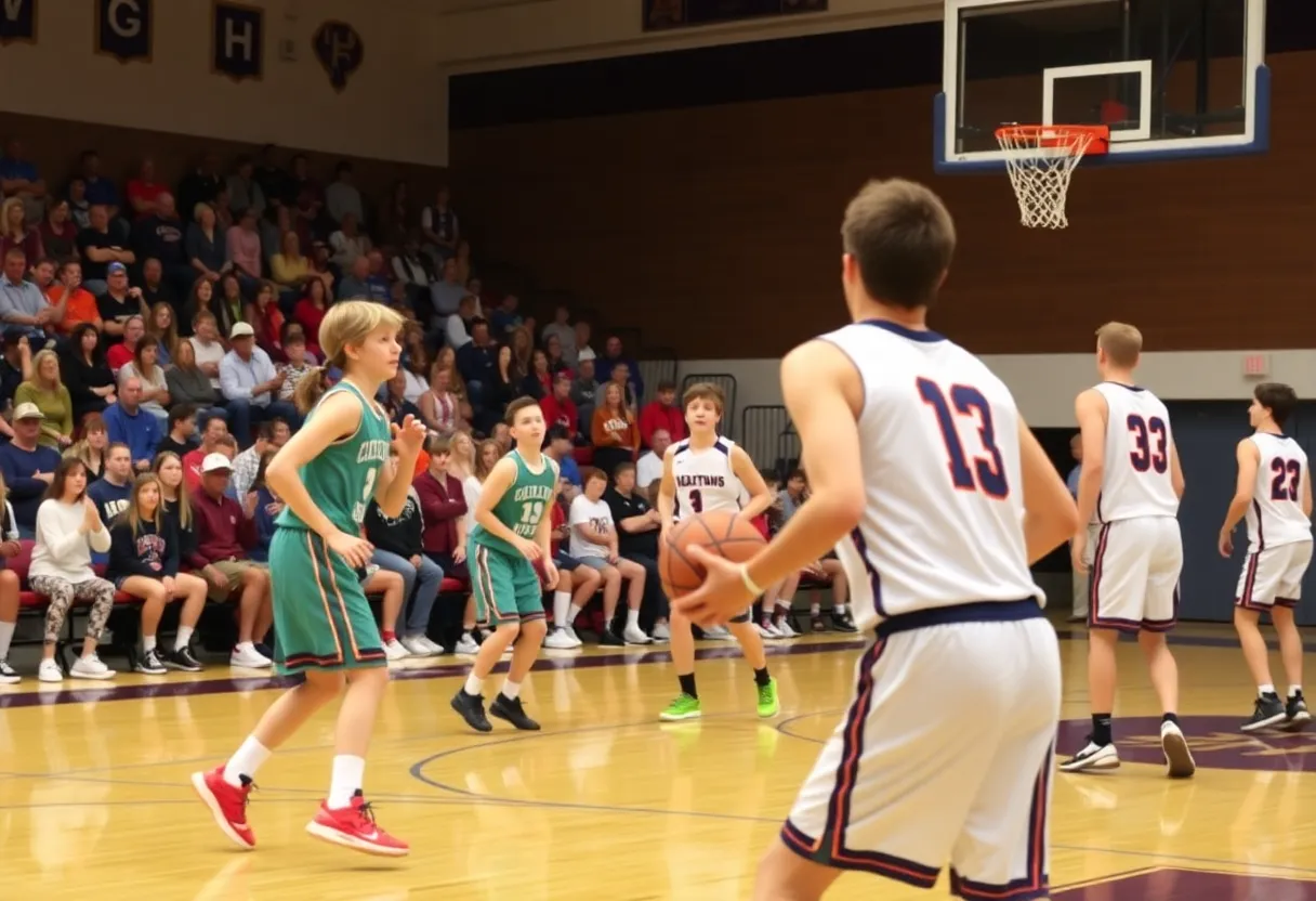 Agra Bearcats basketball team playing against Coyle Bluejackets in a school gymnasium.