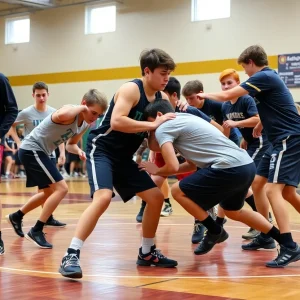 High school boys wrestling match showcasing athletes in the ring