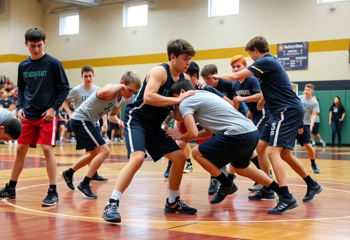 High school boys wrestling match showcasing athletes in the ring