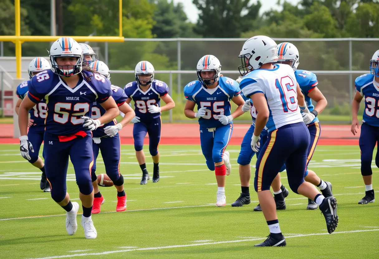 High school football players in action on the field