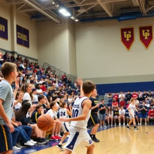 Atlantic City High School basketball players in action during a game.
