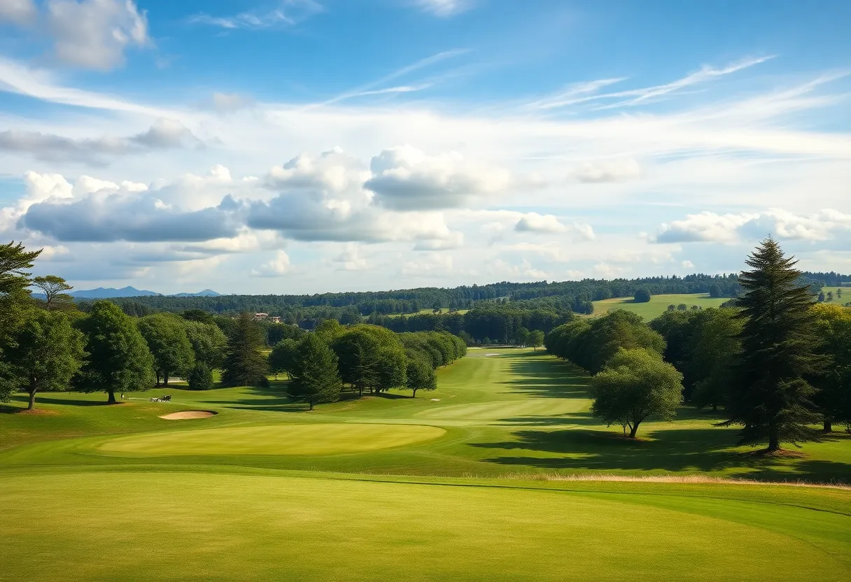 Landscape of a prestigious golf tournament with lush greens