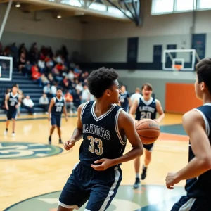 Basketball players in action during a high school game.