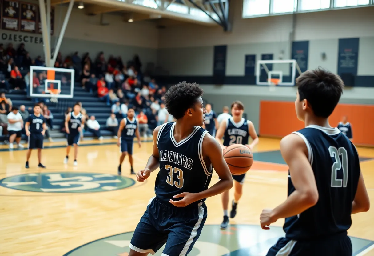 Basketball players in action during a high school game.