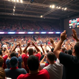 Fans cheering at the Bedlam wrestling dual between Oklahoma State and Oklahoma