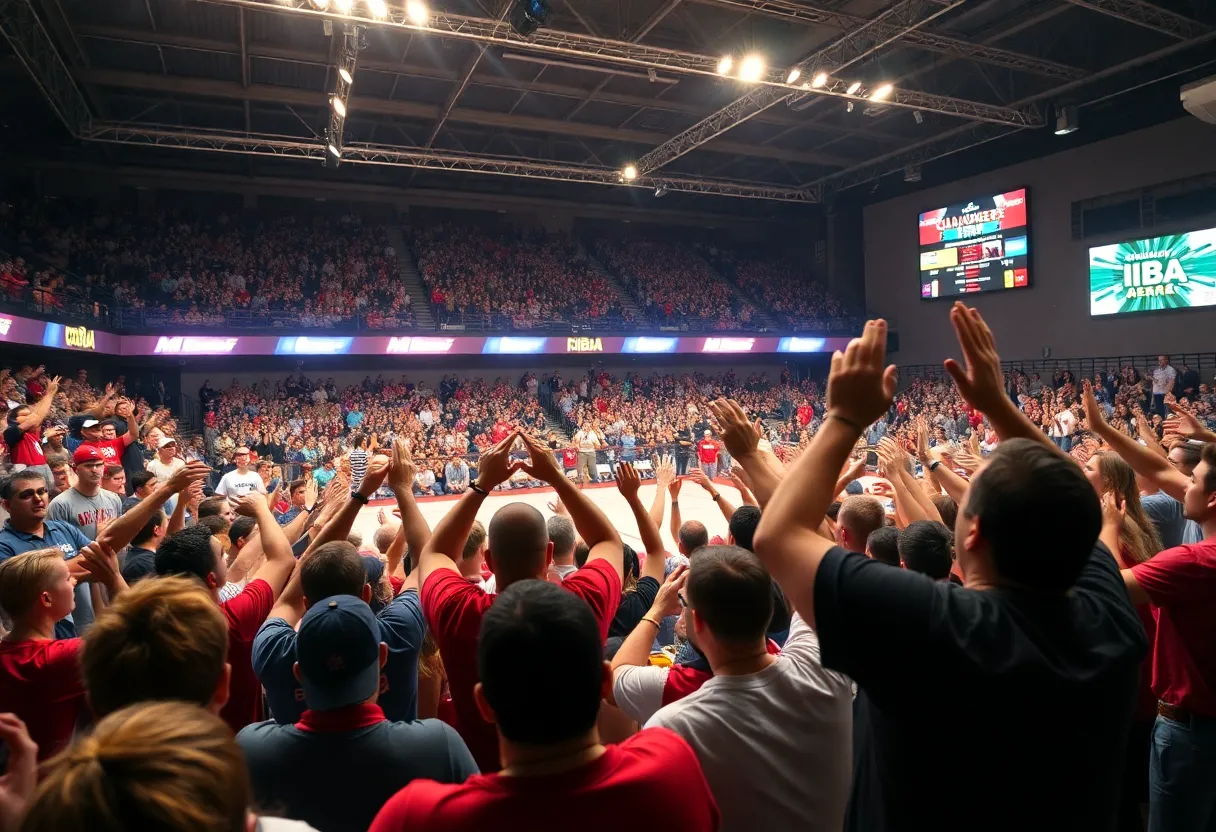 Fans cheering at the Bedlam wrestling dual between Oklahoma State and Oklahoma