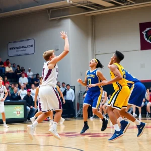 Players from Bishop McGuinness basketball team in action during a game.