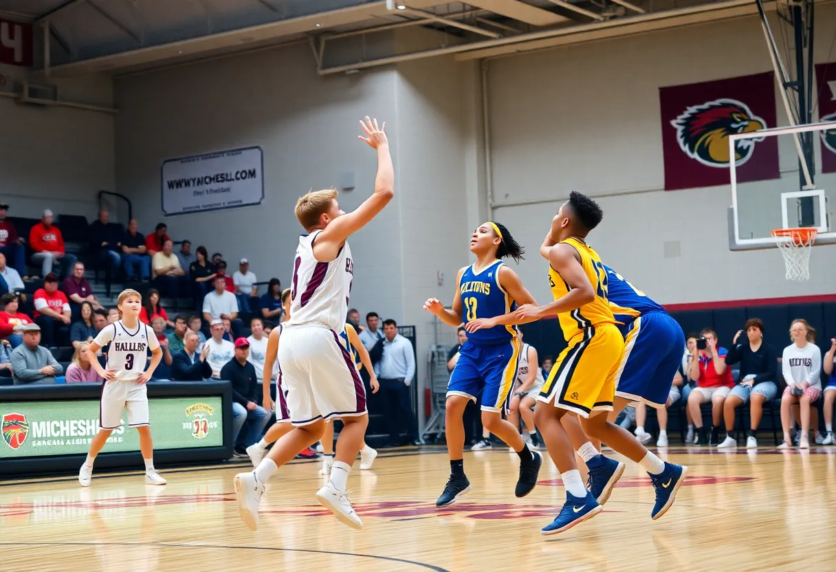 Players from Bishop McGuinness basketball team in action during a game.