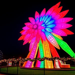 Bolt Tower sculpture illuminated at Fair Park in Oklahoma City