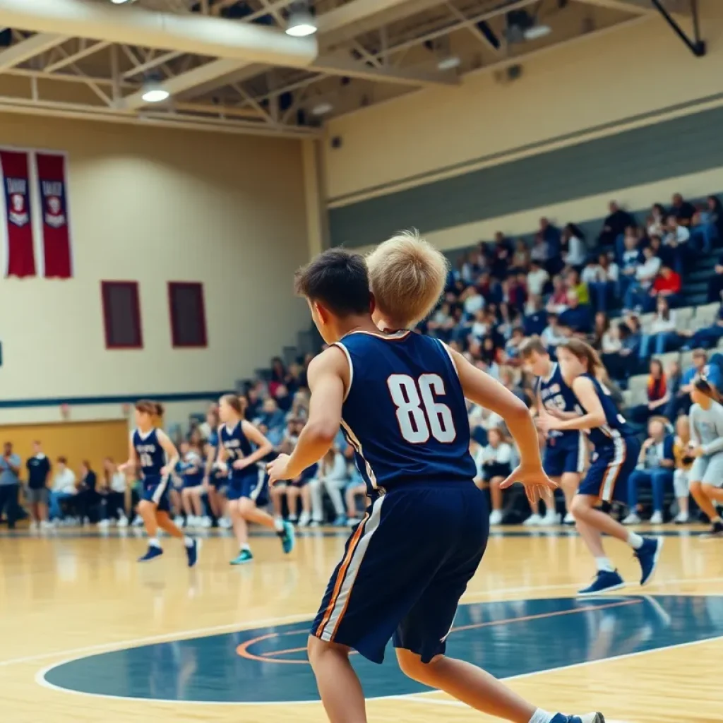 Boswell Scorpions basketball team competing against Stringtown Tigers in a high school gymnasium
