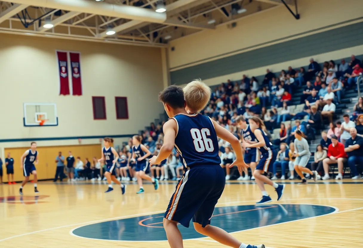 Boswell Scorpions basketball team competing against Stringtown Tigers in a high school gymnasium