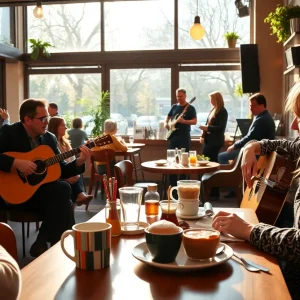 People enjoying breakfast with live music at a café in Tulsa