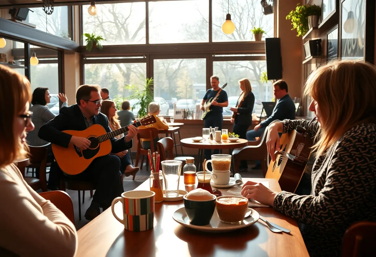 People enjoying breakfast with live music at a café in Tulsa