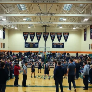 Spectators cheering in a basketball gym during a high school basketball game between Caldwell and South Haven.