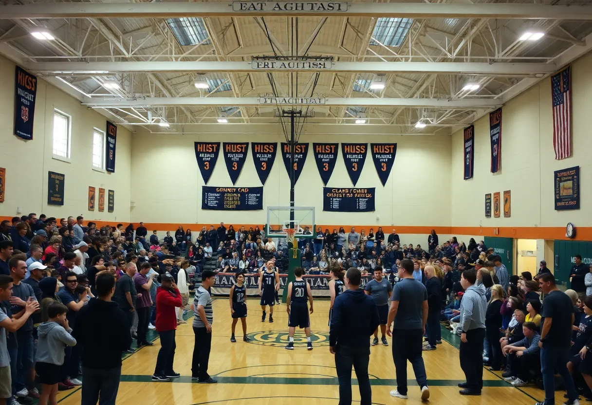 Spectators cheering in a basketball gym during a high school basketball game between Caldwell and South Haven.