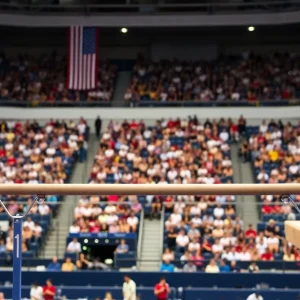 Scene depicting a celebration of gymnastics achievements with equipment and a cheering crowd.