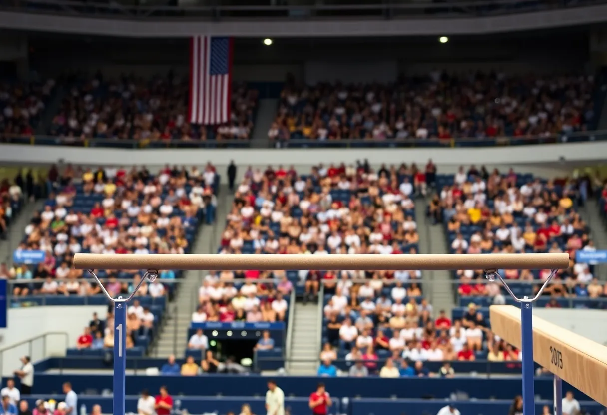 Scene depicting a celebration of gymnastics achievements with equipment and a cheering crowd.