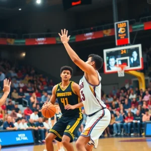 Central Christian College Tigers playing basketball during a game.