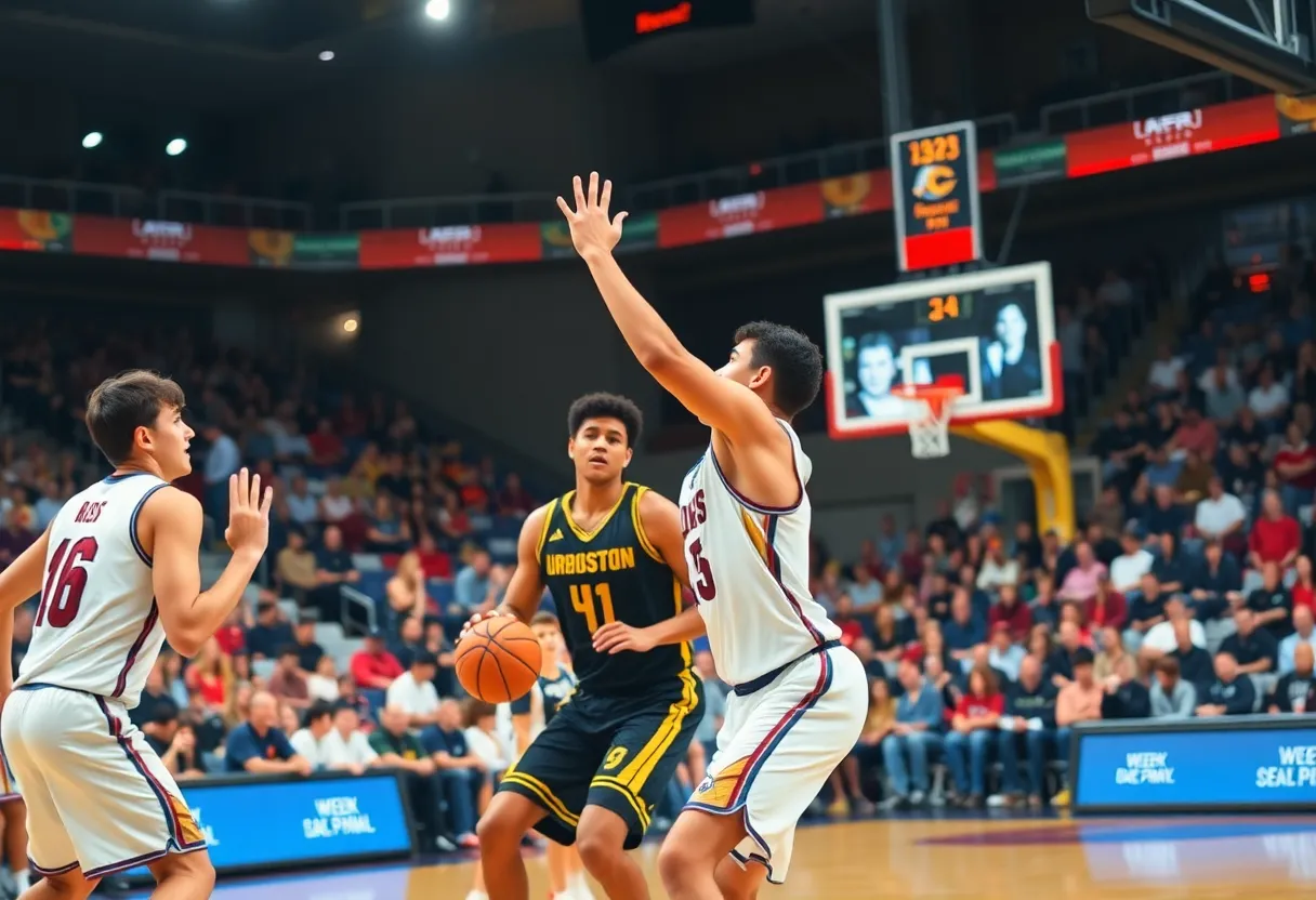 Central Christian College Tigers playing basketball during a game.