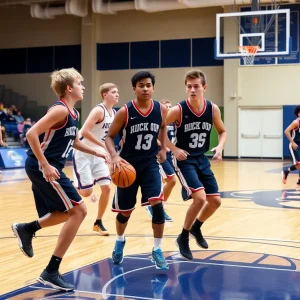 Girls' high school basketball players in action during a game.