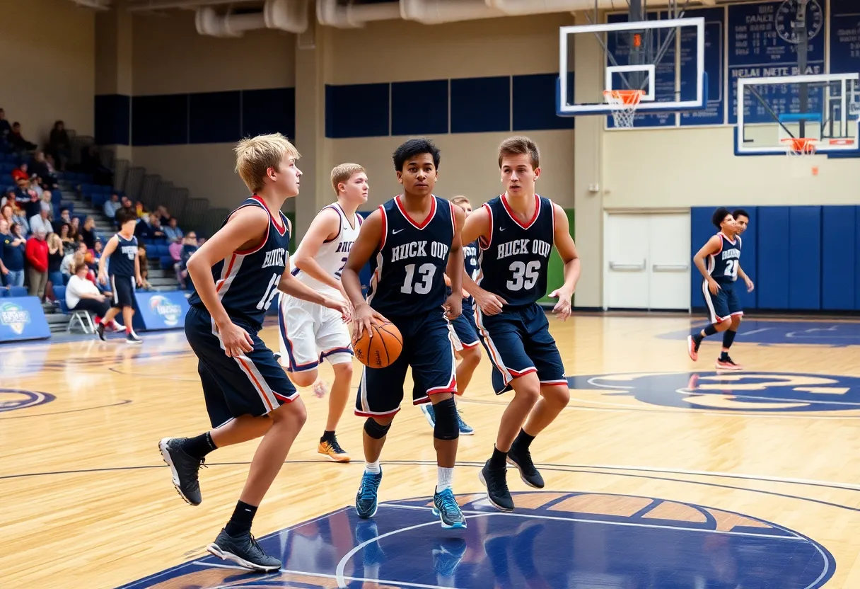 Girls' high school basketball players in action during a game.