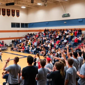 Fans cheering at a Chisholm High School basketball game in a gym.