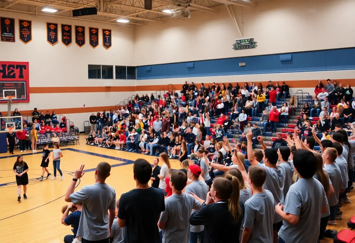 Fans cheering at a Chisholm High School basketball game in a gym.