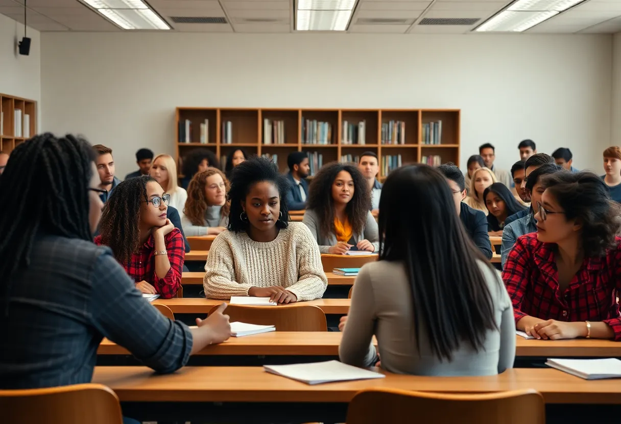 Students engaged in a classroom discussion about academic freedom and inclusion.