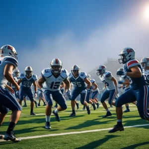 A dynamic college football scene illustrating teamwork and strategy.