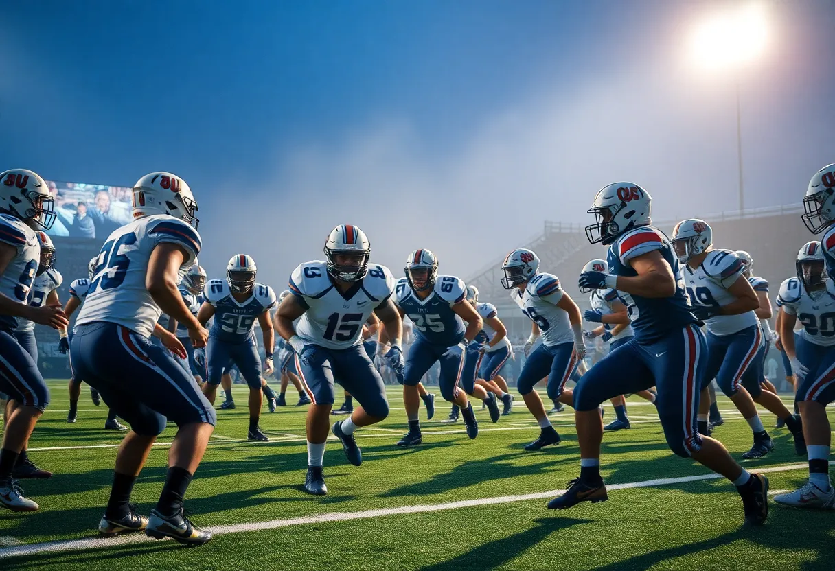 A dynamic college football scene illustrating teamwork and strategy.