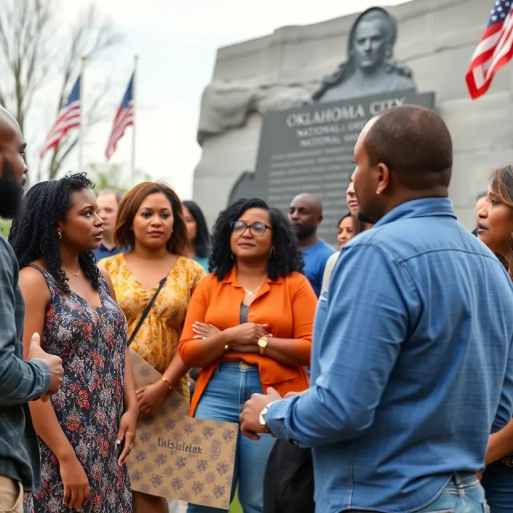 Community members discussing justice at the Oklahoma City National Memorial