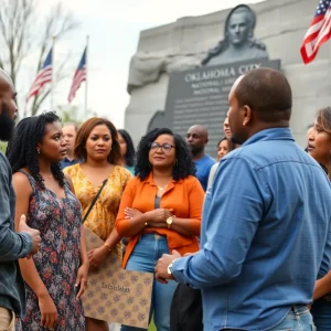 Community members discussing justice at the Oklahoma City National Memorial