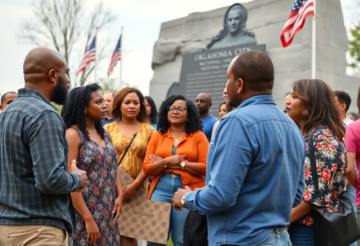 Community members discussing justice at the Oklahoma City National Memorial