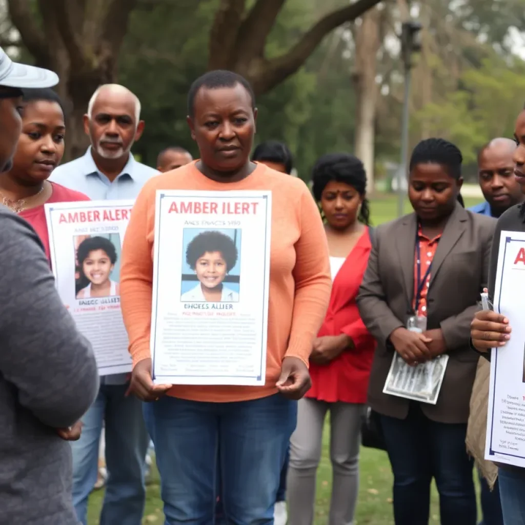 Community members participate in a search for a missing child, holding posters with details.