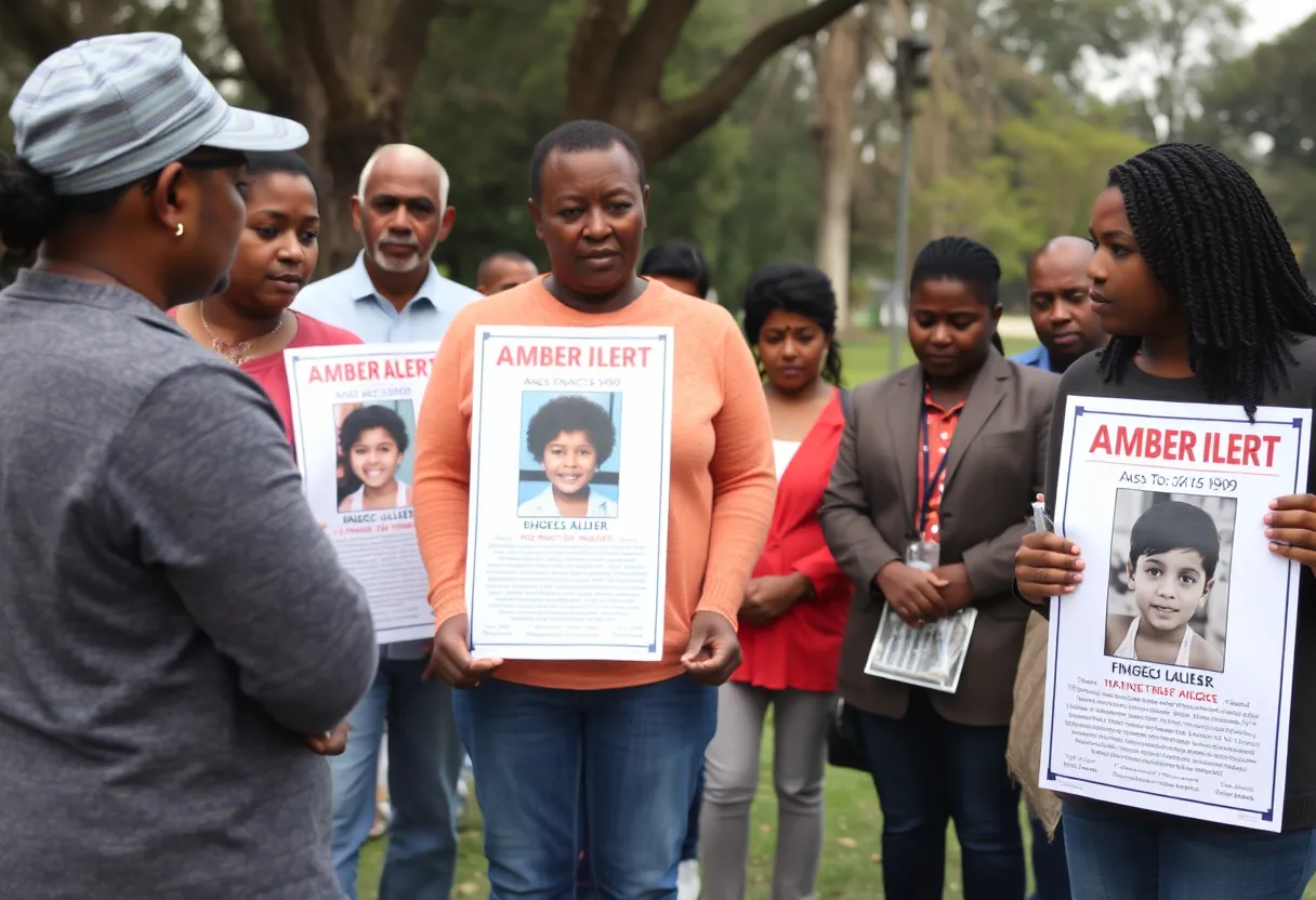 Community members participate in a search for a missing child, holding posters with details.