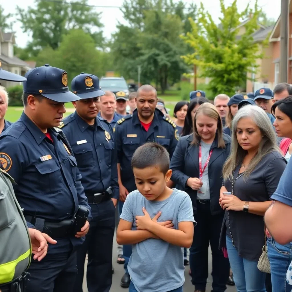 Volunteers and police officers searching for a missing child in a neighborhood