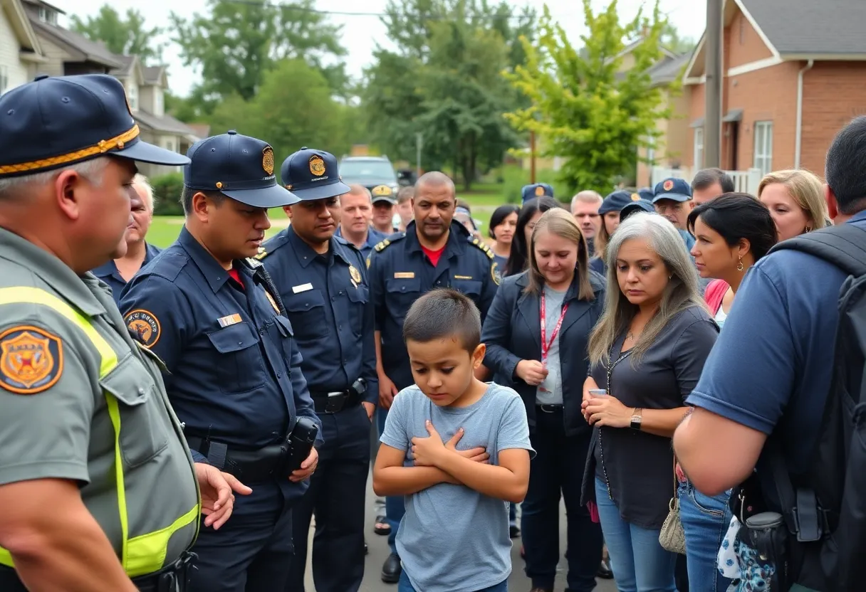Volunteers and police officers searching for a missing child in a neighborhood