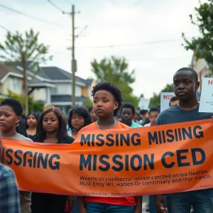 Community members searching for a missing child