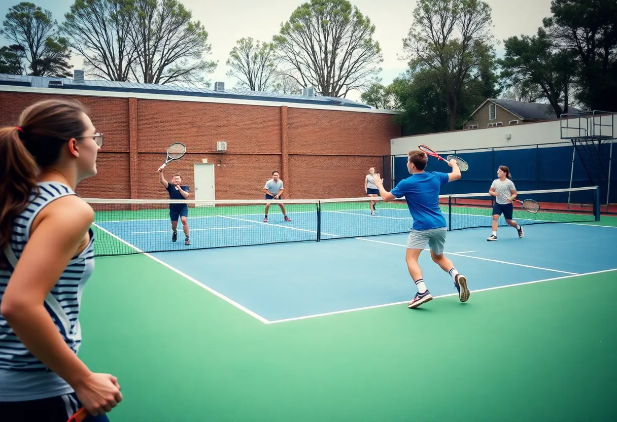Action shot of a college tennis match at the Falls Tennis & Athletic Club